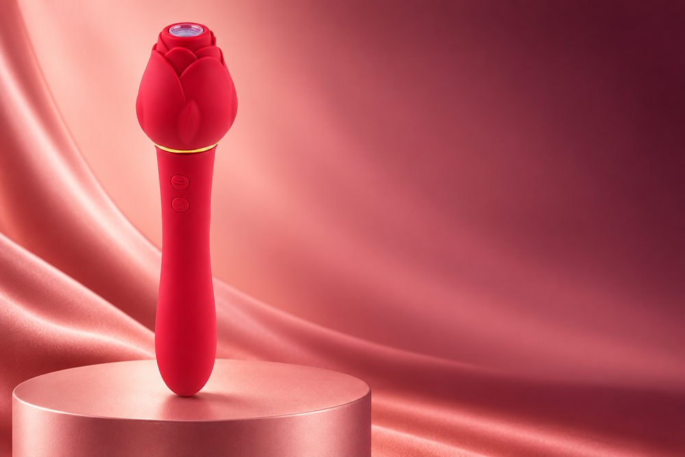 Red rose-shaped suction wand on a coral and deep fig studio background
