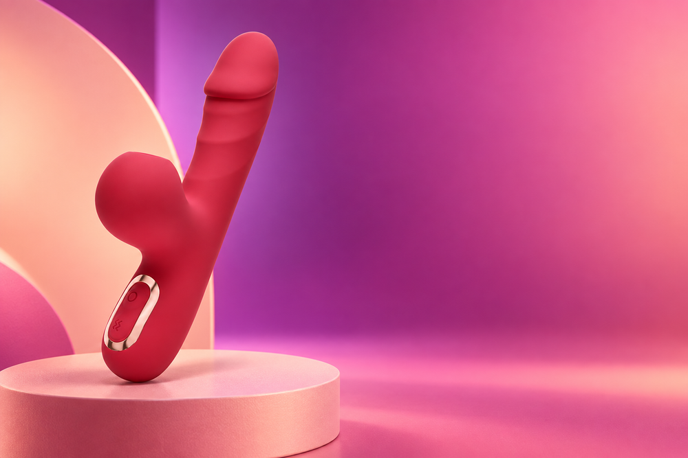 Red rabbit-style dual-stimulation vibrator on a raspberry and orchid studio background