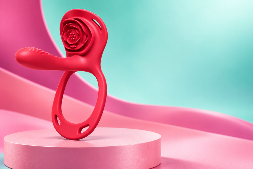 Red rose-and-ring couples vibrator on an aqua and pink studio background