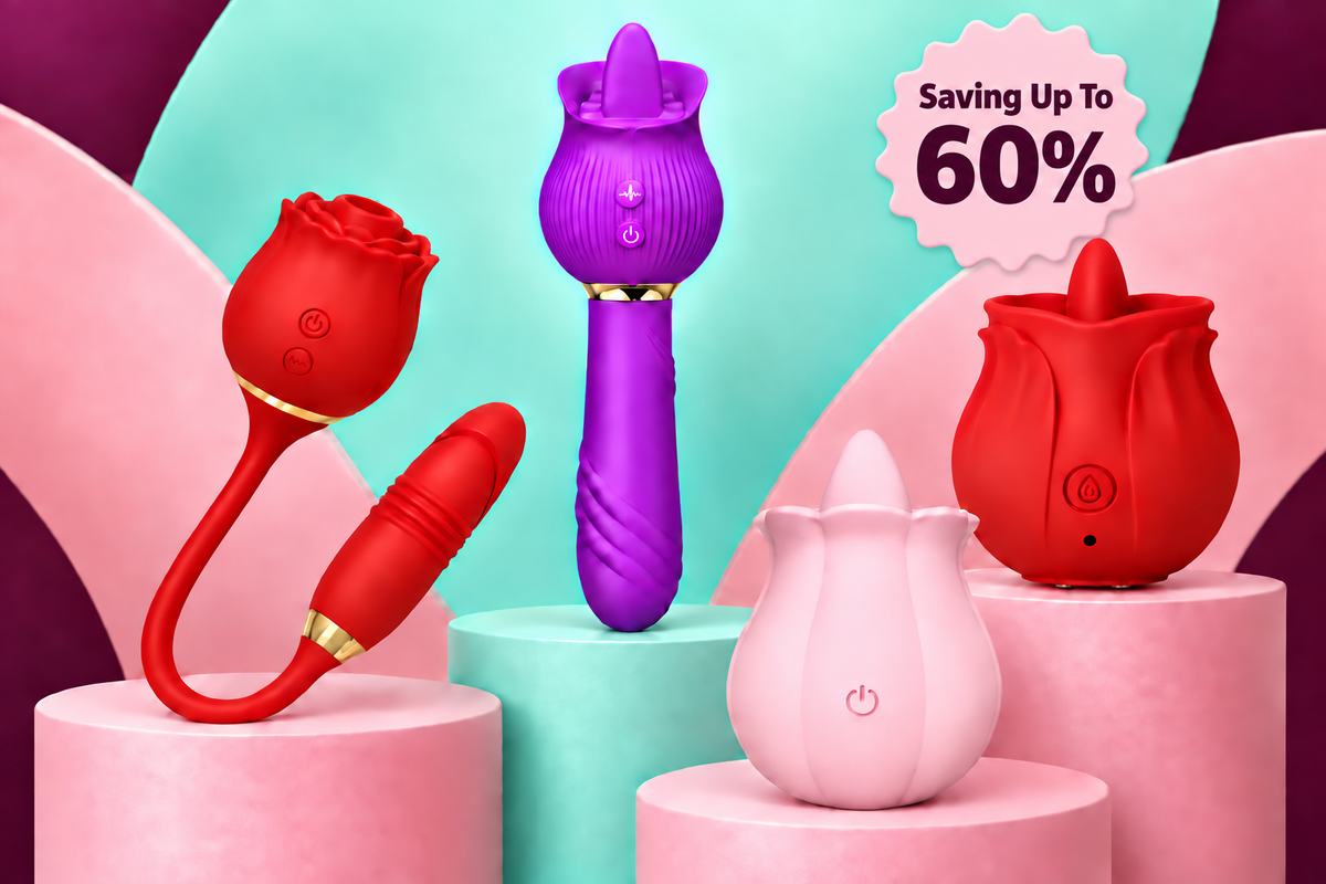 Four colorful personal wellness products on pastel display plinths with a prominent Saving Up To 60% badge