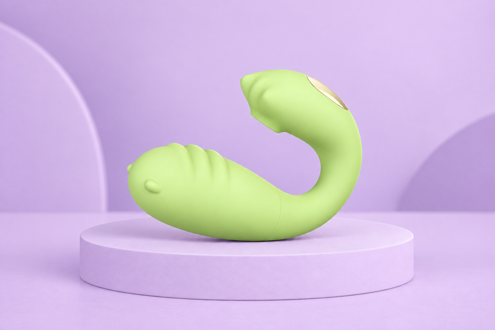 Pale lime curved personal wellness product on a lilac studio plinth