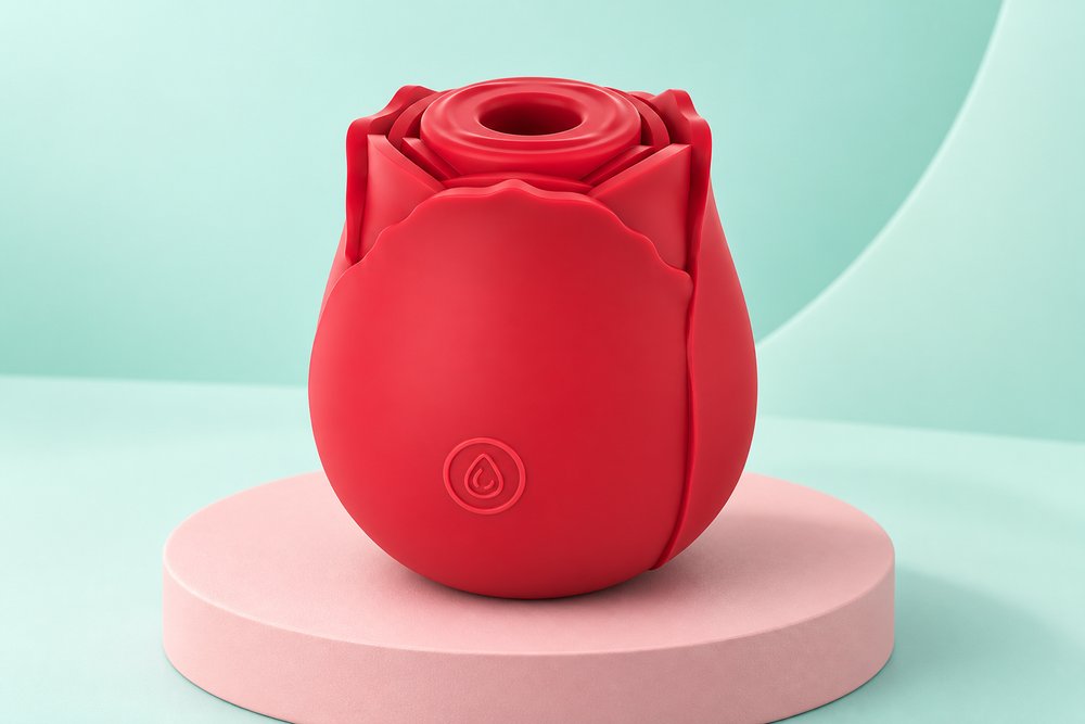 Red rosebud-shaped personal wellness product on a blush plinth against a mint backdrop