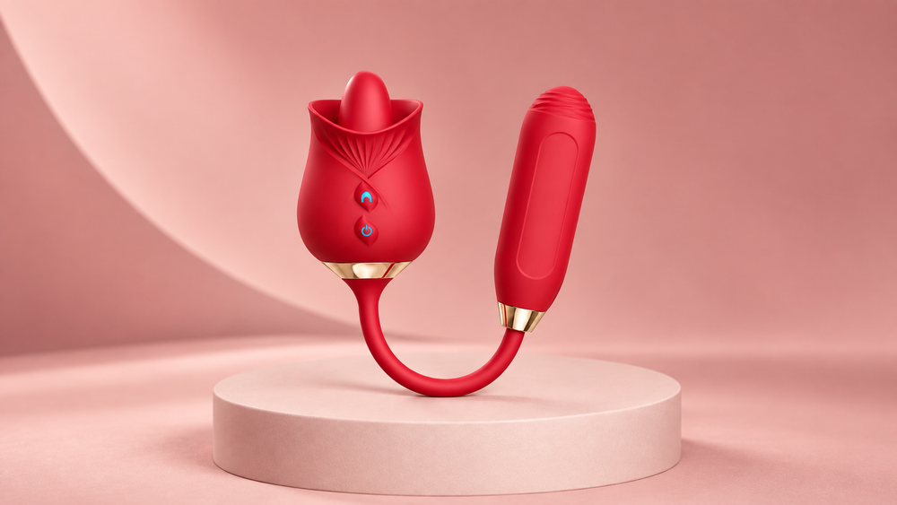 Red connected wearable personal wellness product on a blush studio plinth